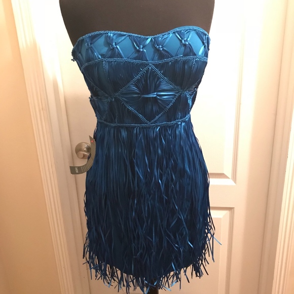 bebe Dresses & Skirts - Peacock Blue Fringe Party Dress